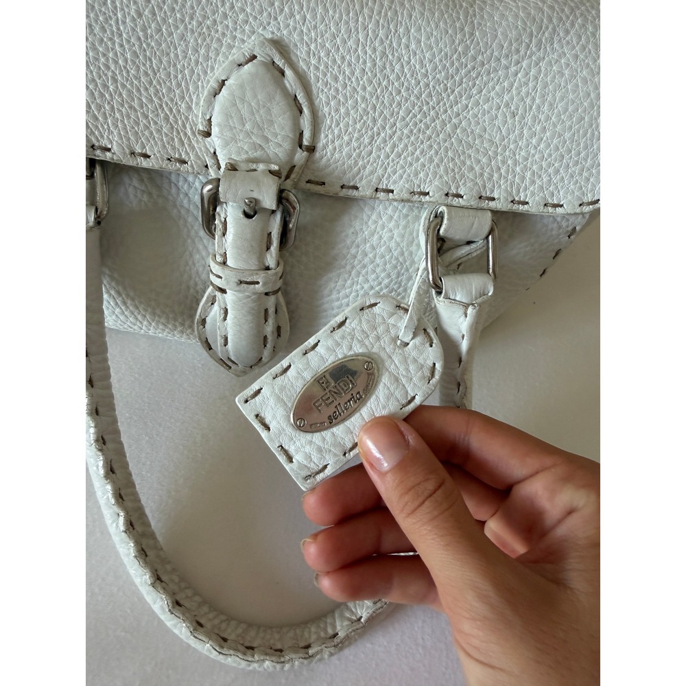 Fendi Selleria White Pebbled Leather Mini Handbag Sterling Silver Plaque Handbag - Picture 3 of 10
